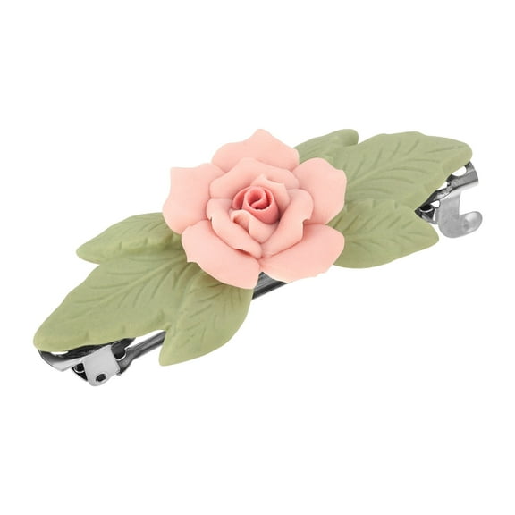 1928 Jewelry Women's Genuine Porcelain Rose And Green Leaf French Hair Barrette, (1 Pcs)