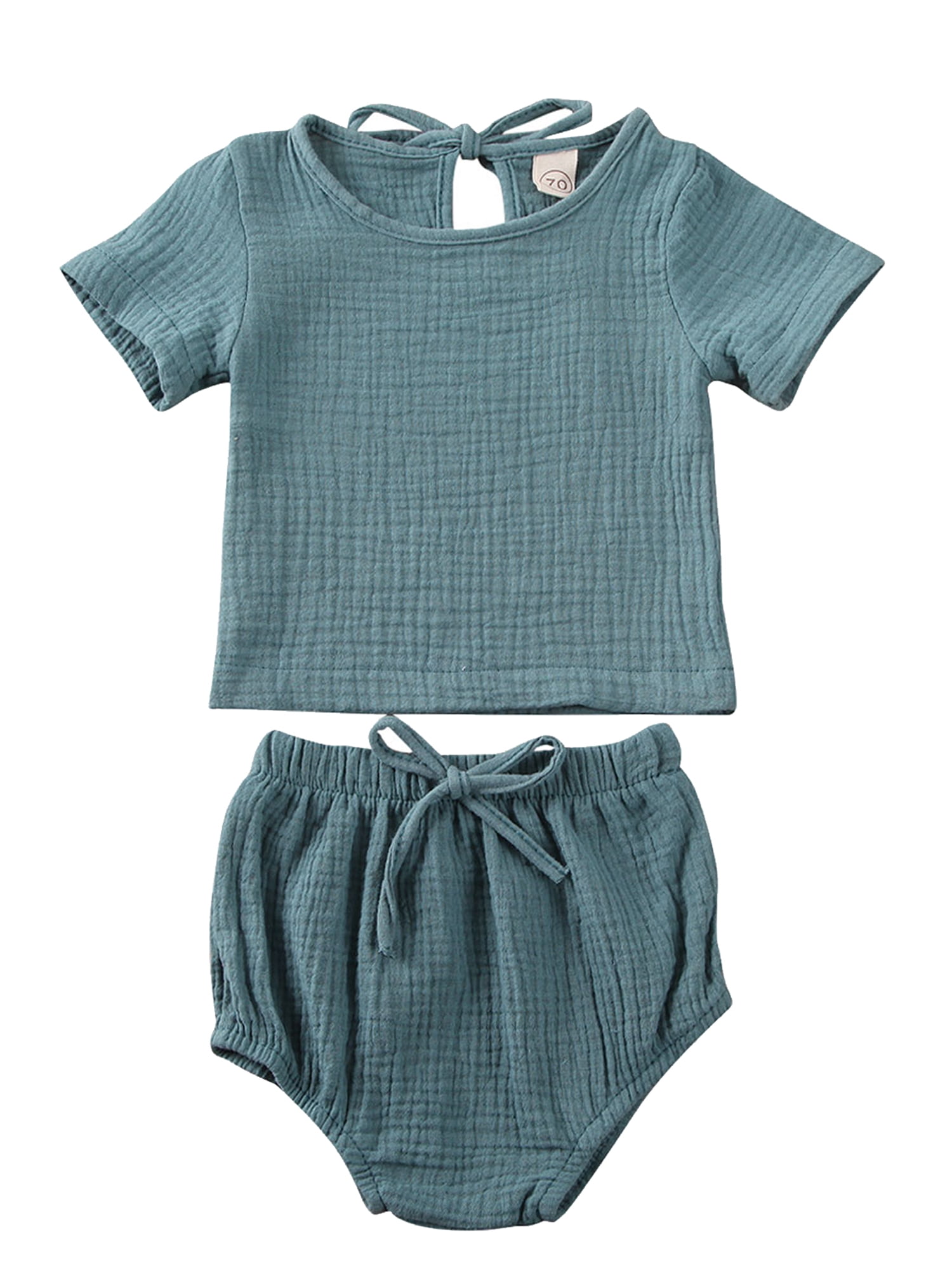Baby Kids Boys Girls Short Sleeve Cotton Linen Elastic T-Shirt Tops+Shorts Set