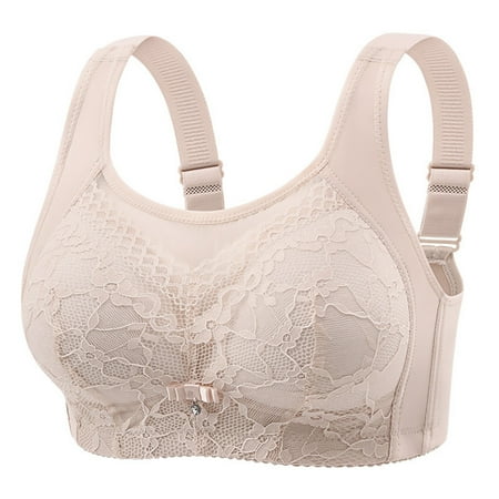 REORIAFEE No Underwire Bras for Women Front Closure Gathered Together Wireless Bras Lace embroidery Adjustable Straps Brassiere Comfy Spaghetti Straps Breathable Corset Underwear Lingerie Gray 46/105