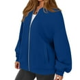 thumbnail image 5 of WTOBBY Women's Oversized Zip Up Jacket, Solid Color V-Neck Long Sleeve, Loose Fit Casual Outerwear, Street Fashion Style, Comfortable Lightweight Coat,Blue L, 5 of 6