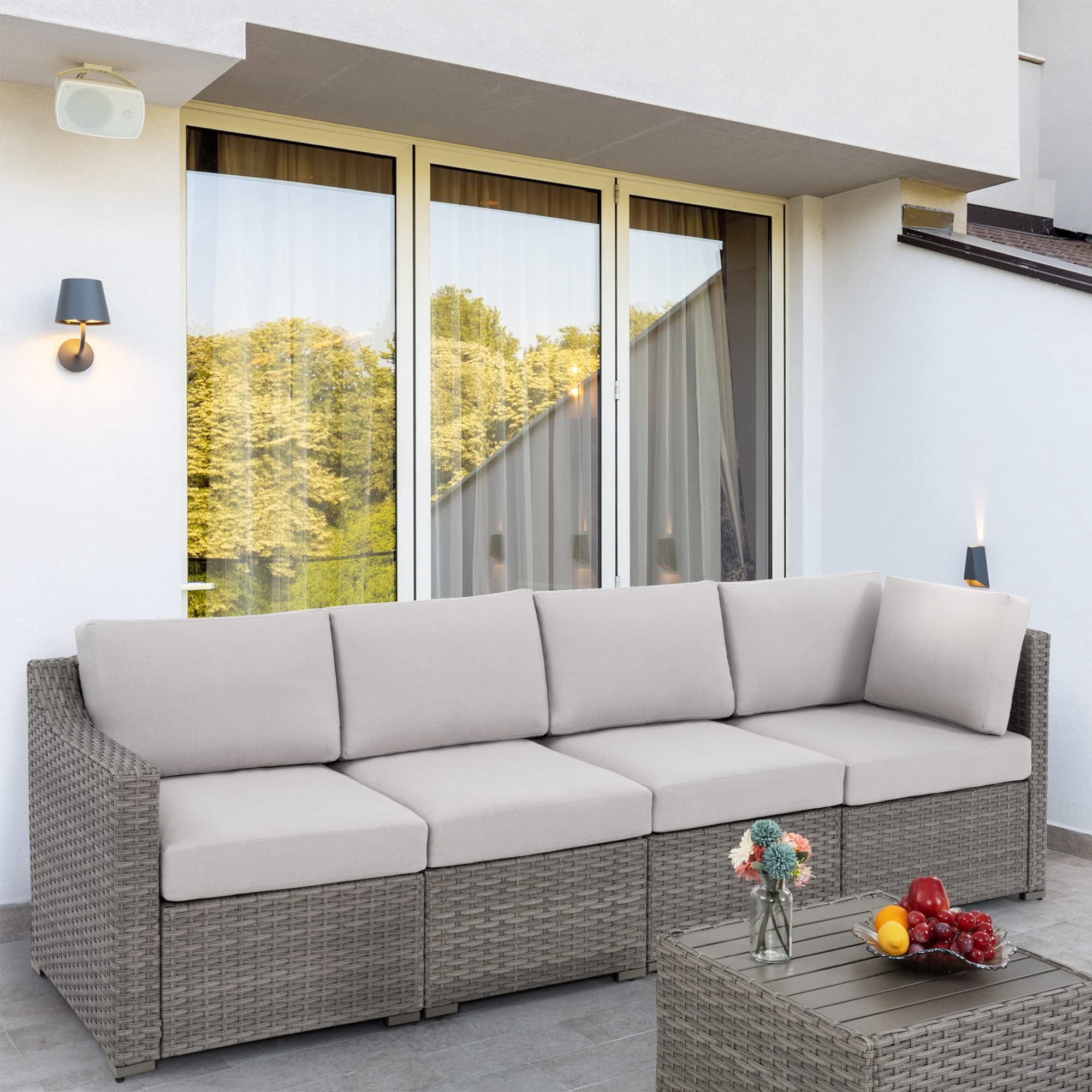 5 Piece Patio Conversation Set, All-Weather PE Rattan Wicker Outdoor Sectional Sofa Set, Modular Patio Furniture with Cushions for Backyard, Deck, Porch, Balcony, Poolside (Grey/Beige)
