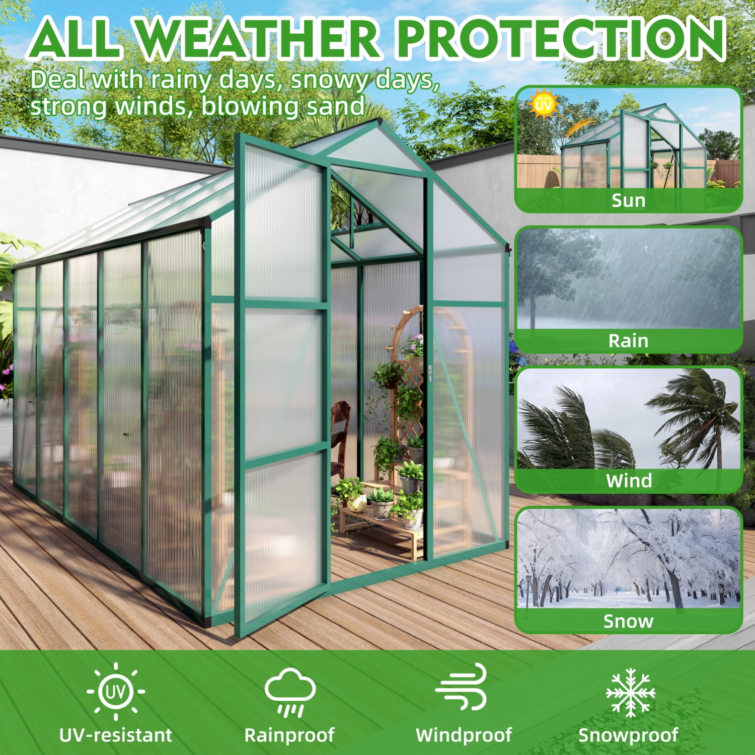 Youmumeub 6x10 Ft Polycarbonate Greenhouse with UV Protection, Spacious Walk-In Garden Hot House with Sliding Door & Vent, Aluminum Frame Plant Nursery for Backyard, Green