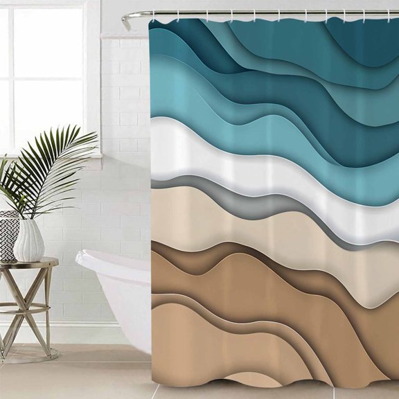 Teal Brown Ombre Waterproof Fabric Shower Curtain, Modern Abstract Moire Aesthetics Shower Curtain for Bathroom Curtains Bathtubs Hotel Washable Shower Curtains with 12 Hooks Extra Long 72x96