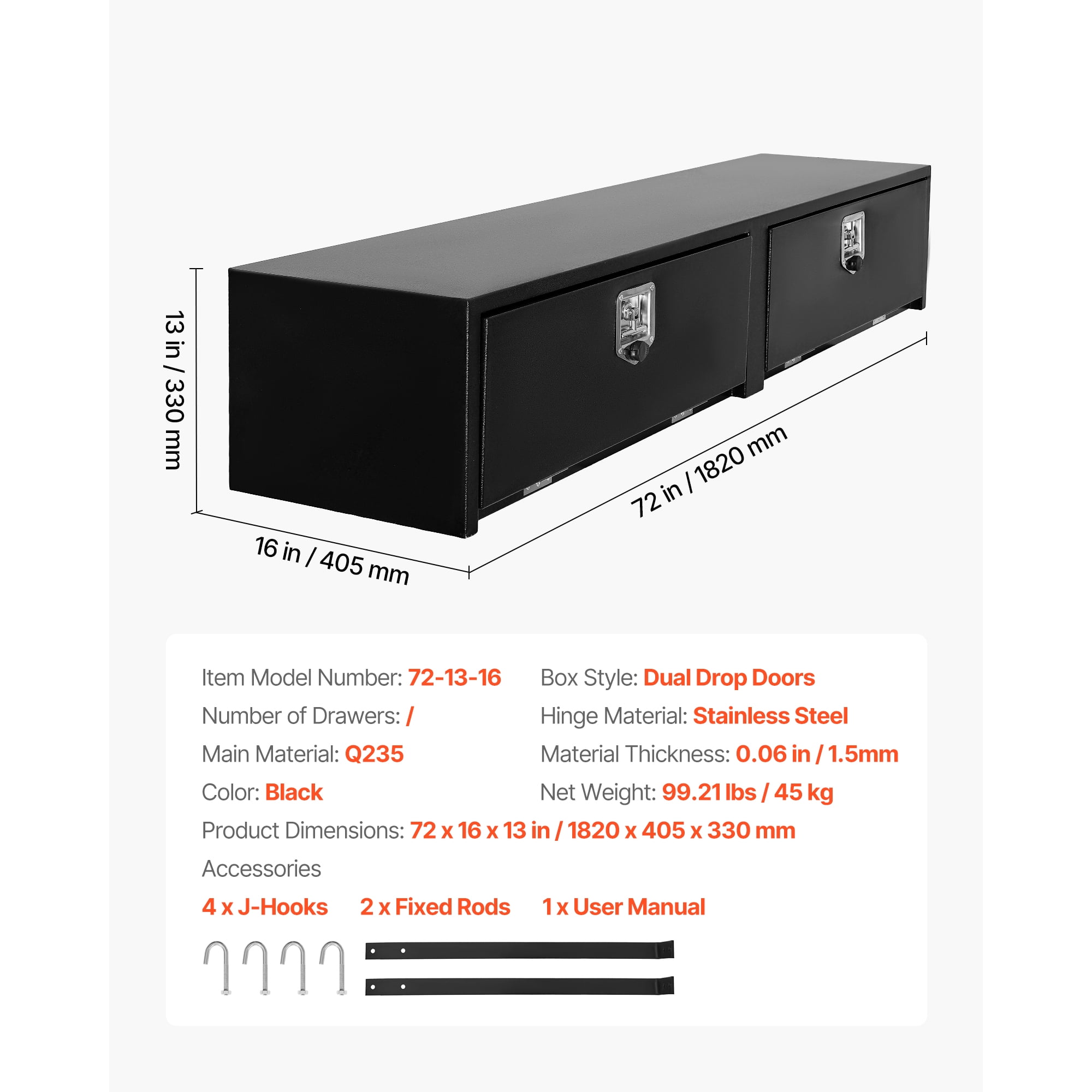 KFFKFF 72 x 13 x 16 Inch Black Carbon Steel Truck Tool Box, Topsider Storage with Dual Drop Doors, Durable Lockable Organizer with Latch, Corrosion-Resistant for Pickup Truck Beds
