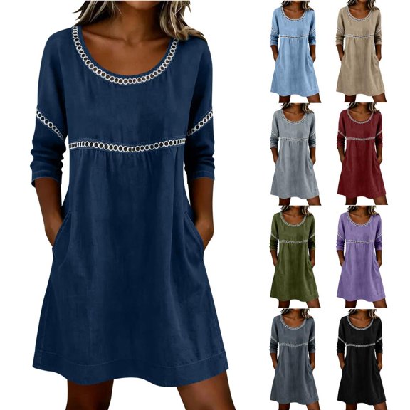 HBBIKVI Tunic-Style Mini Dress for Women Casual 3/4 Sleeve A-Line Dress with Side Pockets and Decorative Trim for Everyday Casual Look