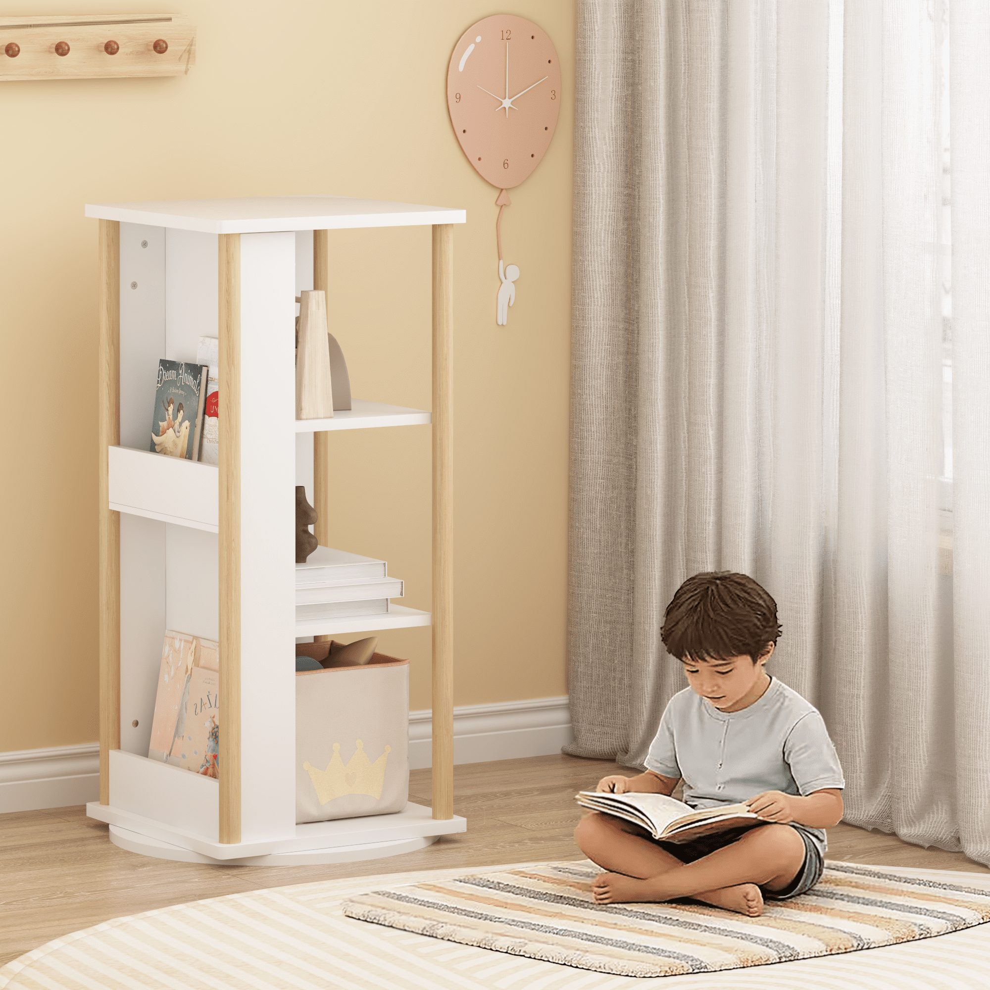 360° Rotating Kids Bookshelf with Chalkboard, 3-Tier Wood Floor Revolving Bookcase & Toy Storage Organizer, Picture Book Display Stand for Toddlers, Nursery & Playroom, White and Natural