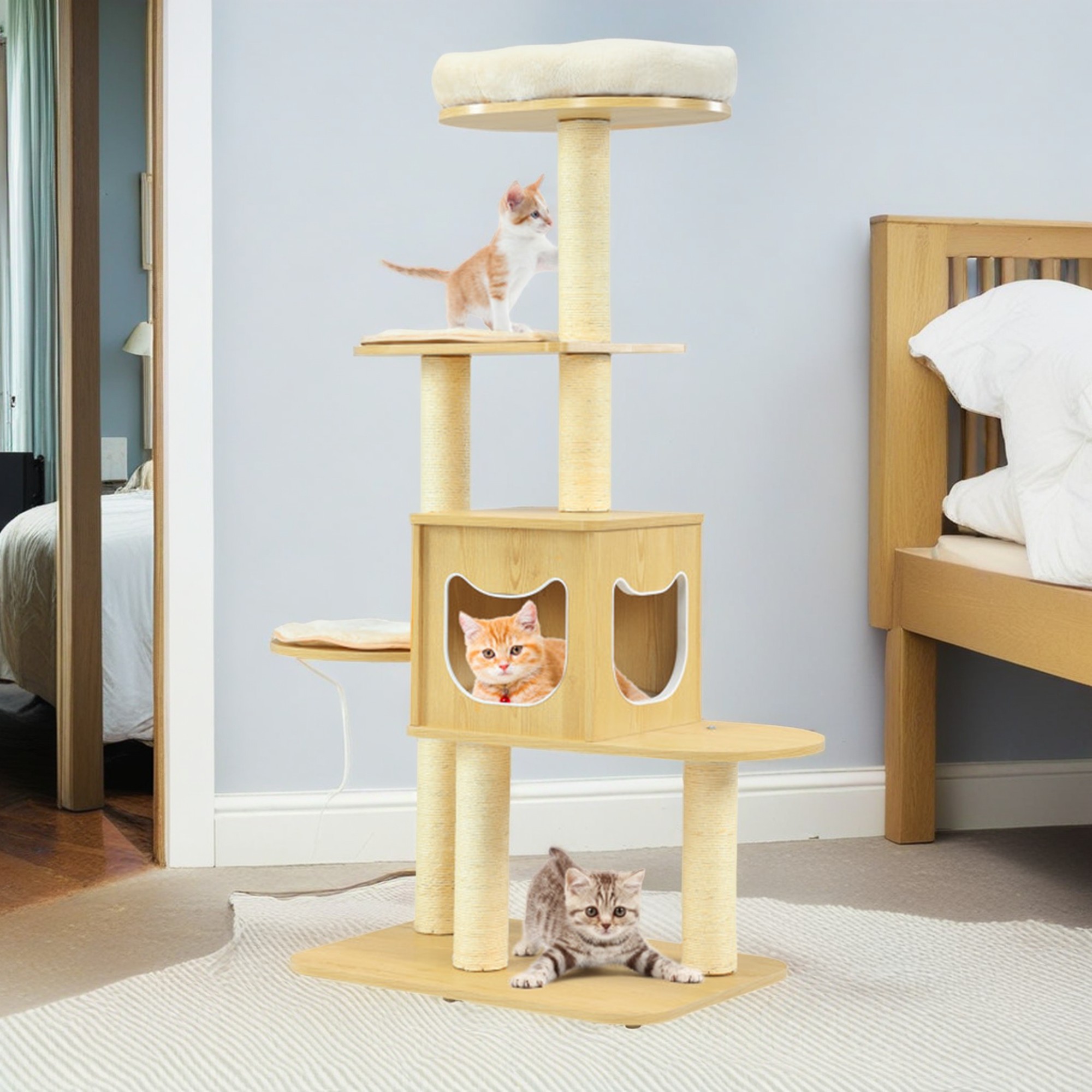 Kadyn 53" Cat Tree Tower for Indoor Cats, 4 Level Cat Condo with Scratching Posts, Removable, Washable Cushions, Beige