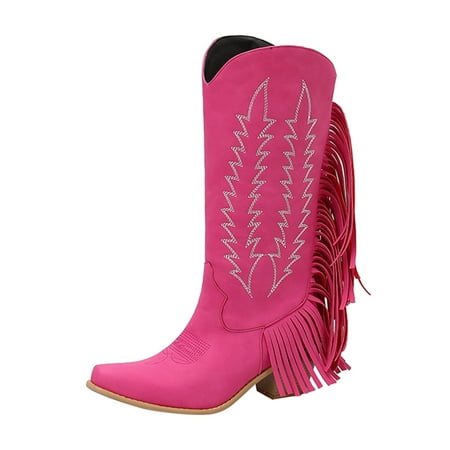 

EUHDSSDE Women s Embroidered Square Heel Solid Color Fringe Retro High Boots Shoes