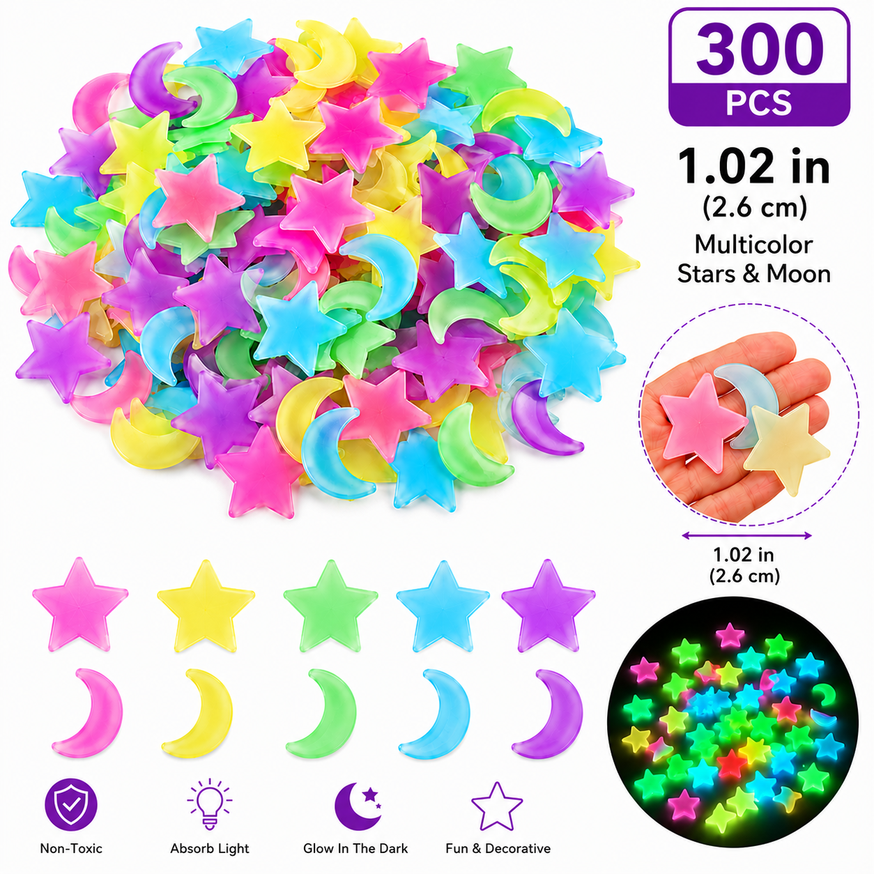 Ron 300 PCS Glow in The Dark Resin Stars and Moon, 1.02 in Multicolor Wall & Ceiling Stickers with 300 Adhesive Dots for Bedroom, Nursery, Outdoor Wall & Garden Fence Decor