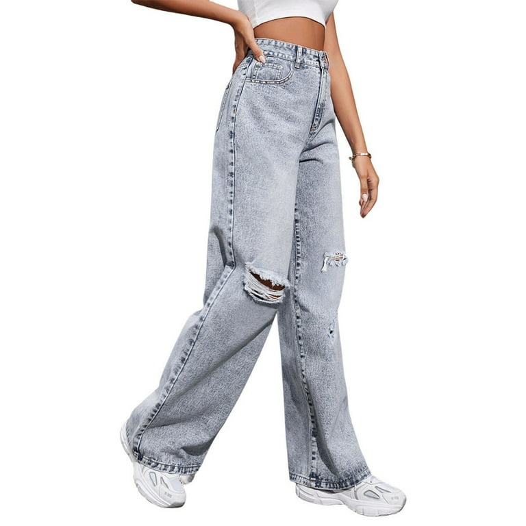 Tiweut Jeans for Women Ripped Straight Leg Denim Long Pants Wide