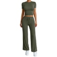 thumbnail image 2 of LEKWK Workout Sets for Women 2 Piece Short Sleeve Crewneck Crop Tops and Tummy Control Straight Leg Pants Summer Yoga Gym Athletic Running Casual Outfits, 2 of 6