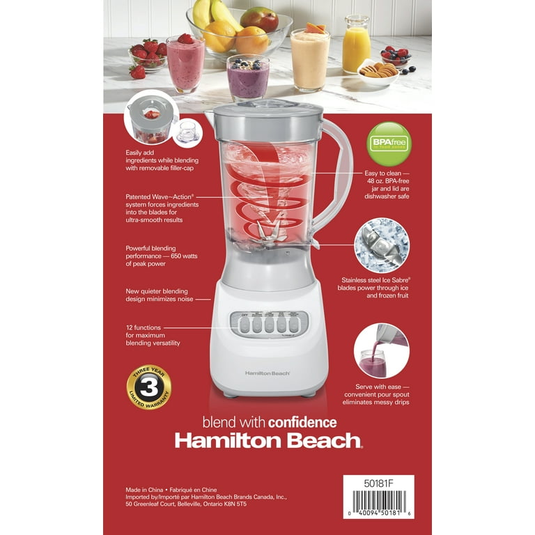 Hamilton Beach Smoothie Blender, 48 oz. Jar, 12 Blending Functions, Black,  50180F