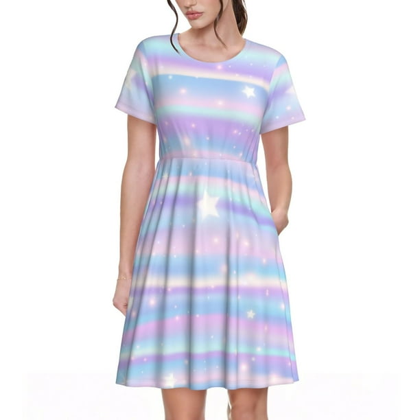 Fotbe Striped Gradient Vestido Largo de Moda para Mujer, Vestido Tipo Camiseta con Manga Corta y Estilo Casual a Rayas y Bloques de Color