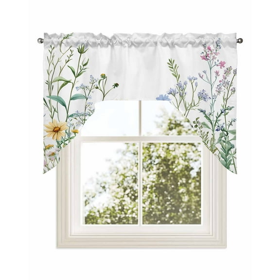 Spring Floral Kitchen Curtains Swag Valance for Windows/Bathroom/Cafe, Wildflowers Herbs Summer Botanical Rod Pocket Drape Panel Swag Curtains Valance for Bedroom/Living Room 56"x36"