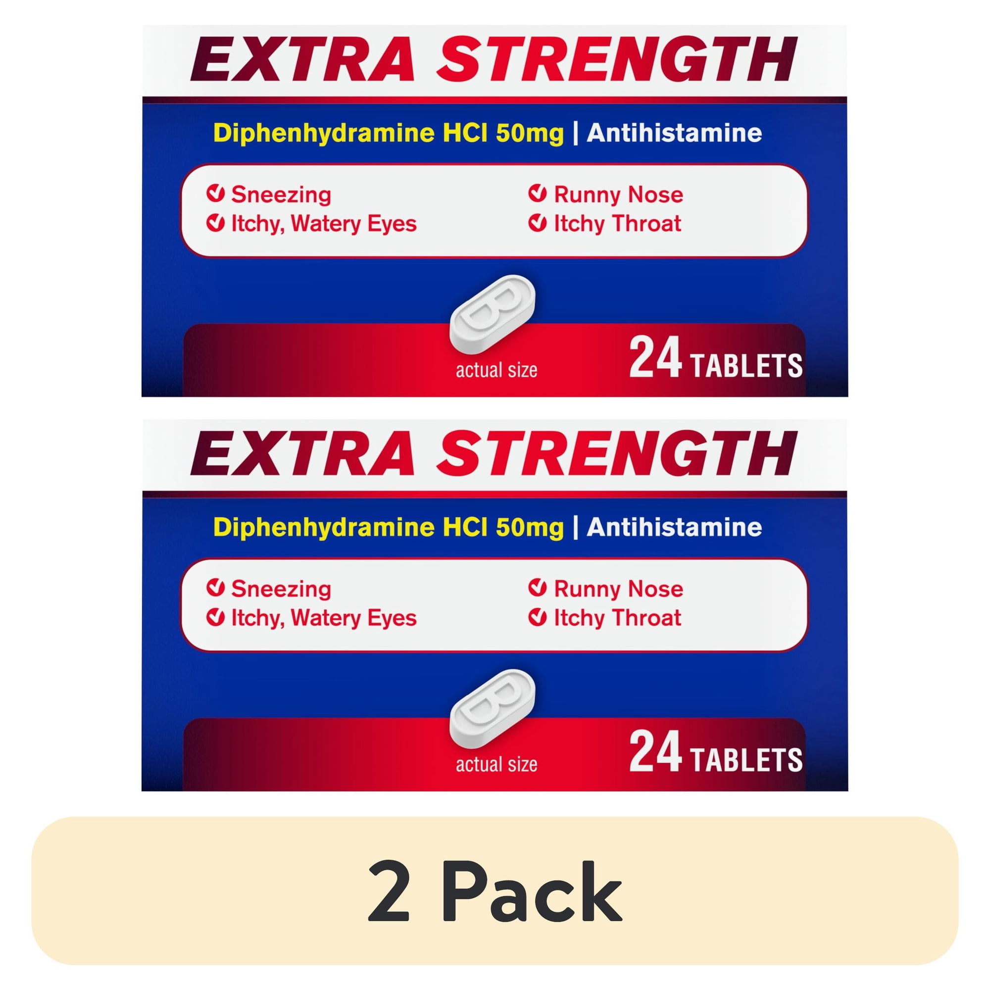 (2 pack) Benadryl Extra Strength Relief Allergy Tablets, 50 mg Diphenhydramine HCl, 24 Count