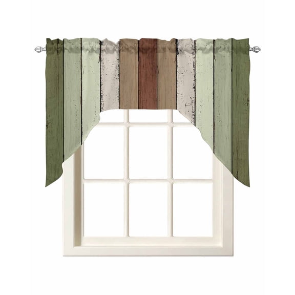 Sage Green Swag Valances for Windows, Small Curtains Drapes, Farmhouse Wood Grain Vintage Brown Striped Kitchen Window Curtains Over Sink Window Treatment Valance for Bedroom/Bathroom 56"x36"