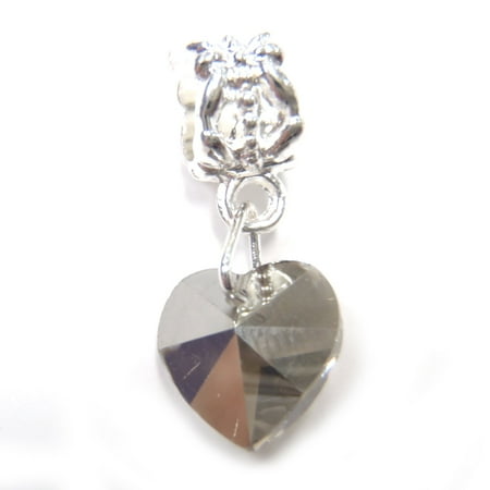 3 Beads - Clear Electroplated Crystal Heart Dangle Glass Silver European Bead Charm E1211