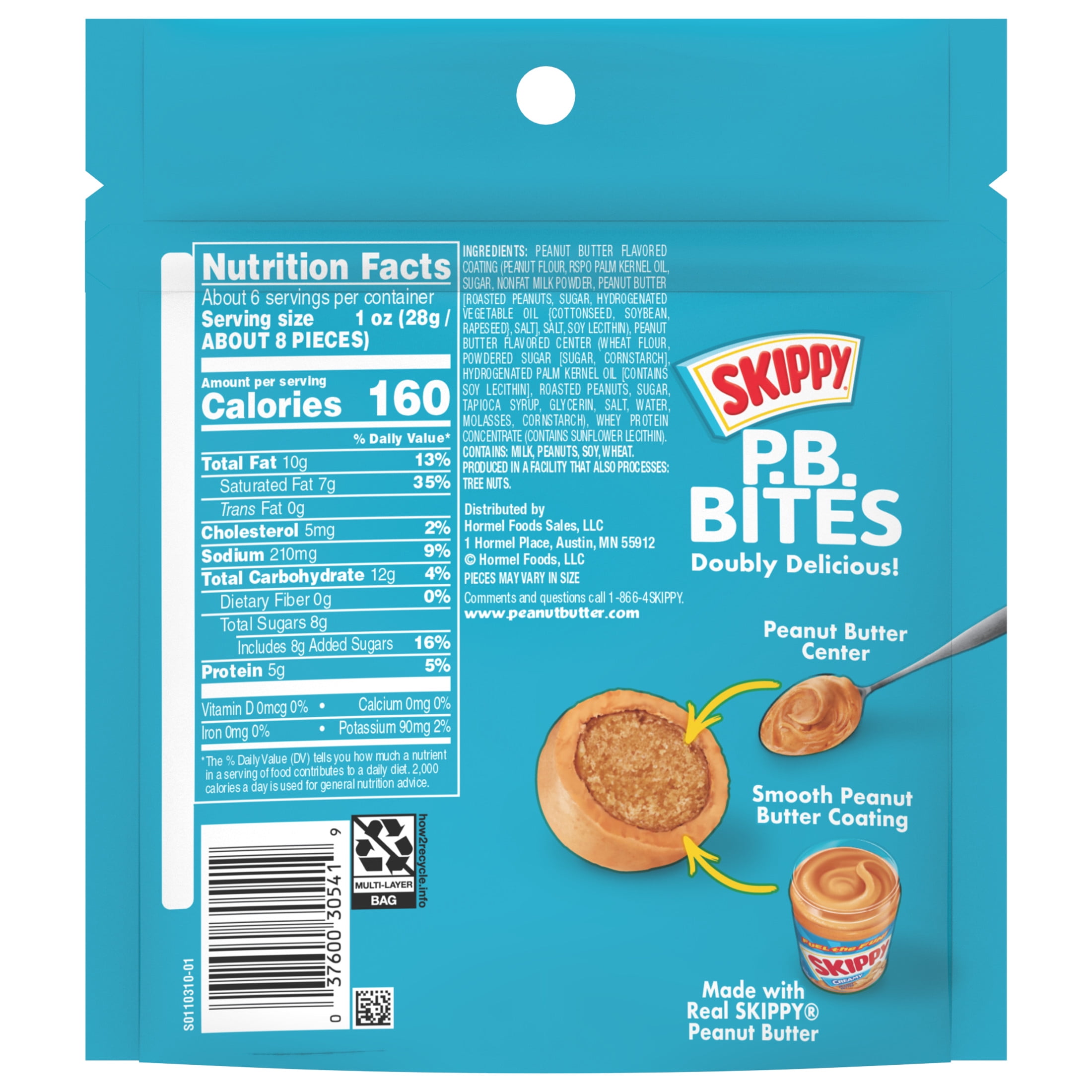 SKIPPY PB Bites Double Peanut Butter Snack, Shelf-Stable, 6 oz Resealable Plastic Pouch