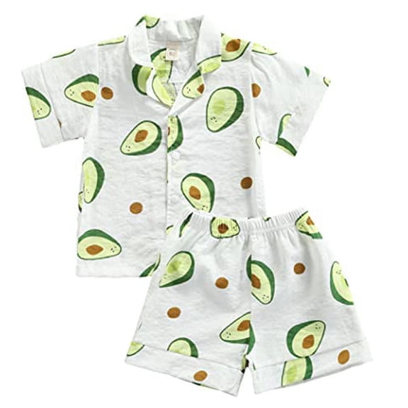 Styles I Love Little Boys Avocado Printed Button-Front Shirt and Shorts 2pcs Short Sleeve Cotton Outfit Summer Casual Clothing Set (White, 2-3 Years)