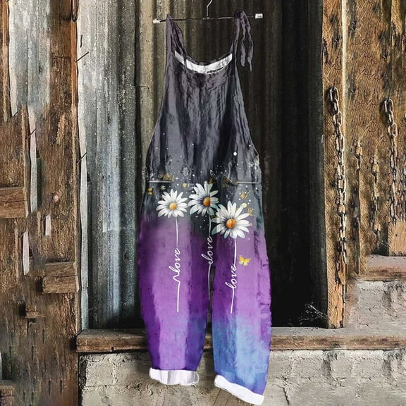 Women's Casual Floral Jumpsuits Spaghetti Straps Sleeveless Boho Summer Loose Harem Overalls Rompers with Pockets Purple XXL