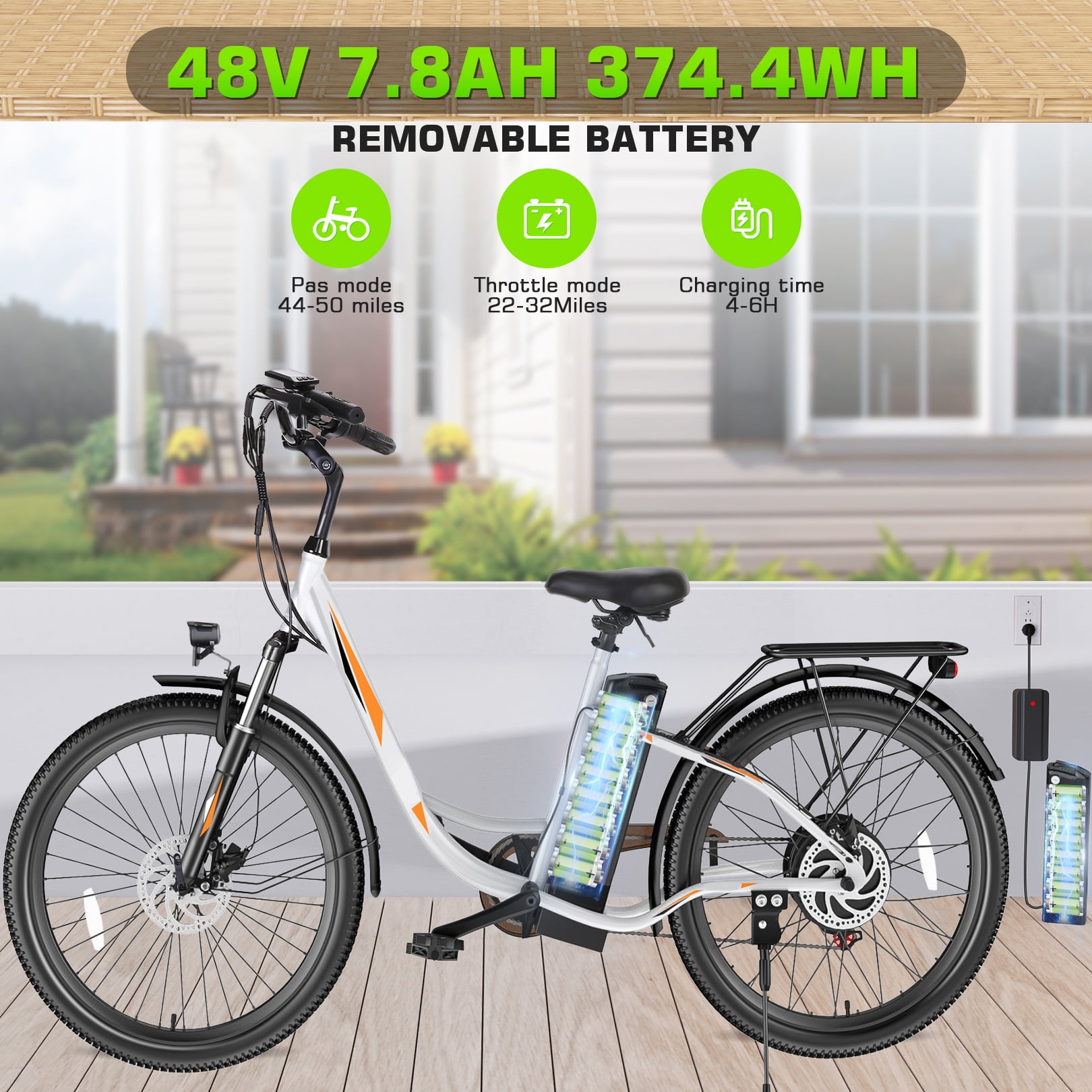Elifine 26" 500W Electric Bike for Adults, 48V 7.8Ah Battery City Ebike Adult, Cruise Control Mode, Low-Step Thru Hybrid Electric Cruiser Bicycle, Shimano 7 Speed Commuter E-Bikes for Women, UL2849