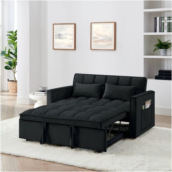 JERFIT Convertible Sofa Bed with Adjustable Backrest, Velvet Pull Out Sleeper Chair for Small Space, Modern Futon with Pillows, Black