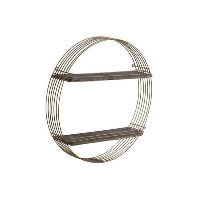 Round Shape 2 Tier Metal And Wood Wall Shelf, Metallic Gold