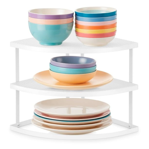 Mimifly Estante Esquinero Organizador de Platos y Platos de Cocina de 3 Niveles, Blanco - 1 Paquete