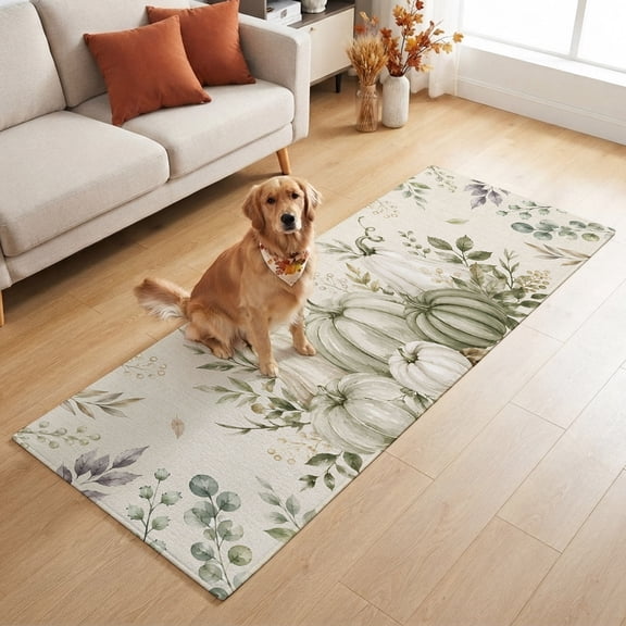 Rectangle Rug 2x6ft, Thanksgiving Sage Green Pumpkins Soft Non-Slip Washable Felt Carpet Pad, Retro Linen Background Area Rugs for Living Room Bedroom Kids Room