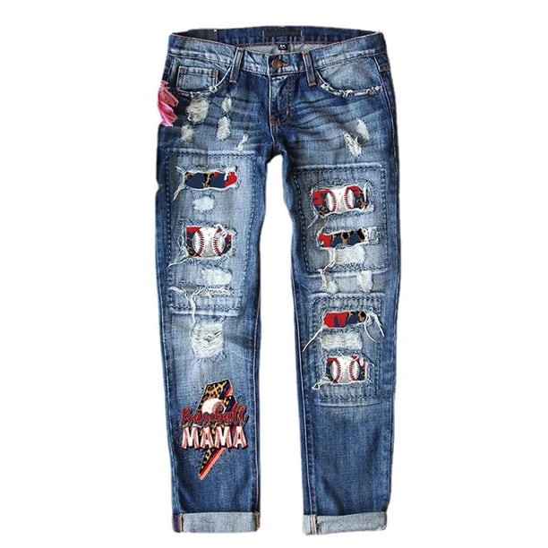 Gibobby Jeans Pantalones de mujer Pantalones de mezclilla para mujer Jeans de pierna recta con estampado rasgado de tiro medio(Azul,M)