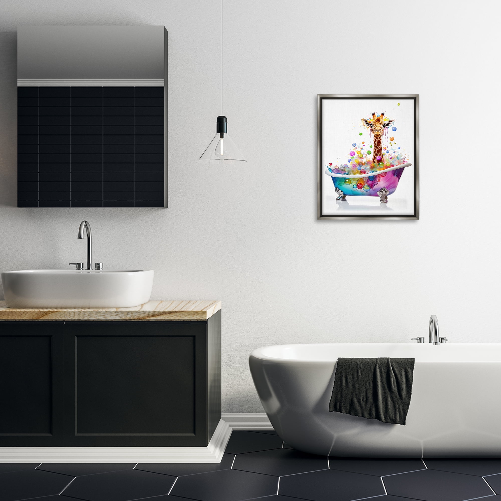 Stupell Industries Rainbow Bubble Bath Giraffe Bath & Laundry Painting Gray Floater Framed Canvas Art Print Wall Art, 17 x 21