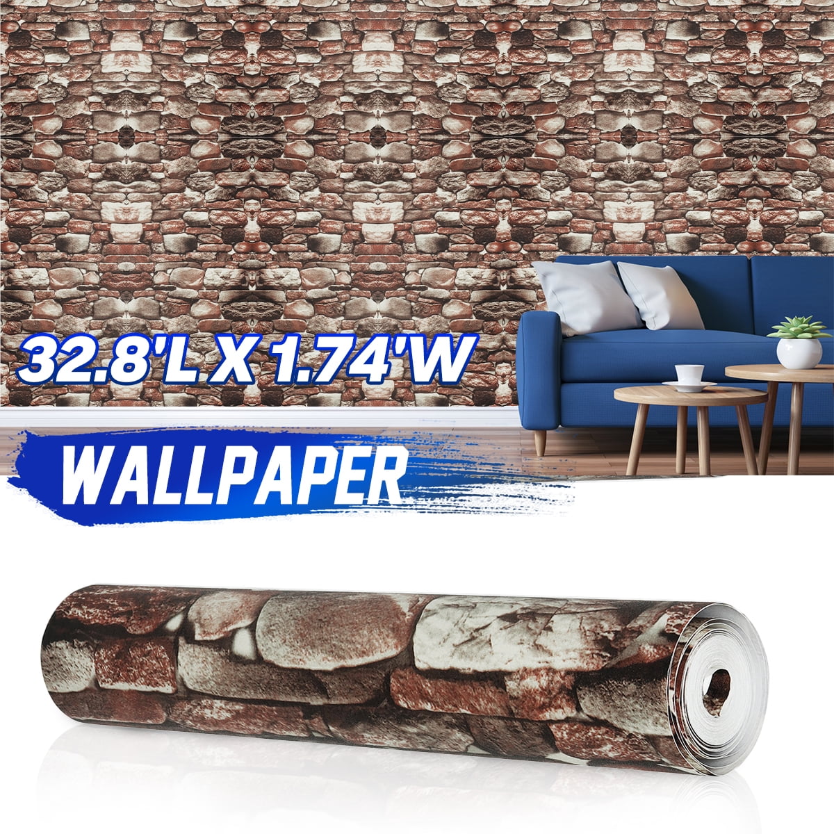 3D 10M 32.8FT (4 Patterns available) Wallpaper Bedroom Mural Roll Stone Brick PVC Wall ...