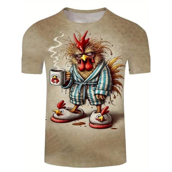 Men's 3D Rooster Morning Coffee Theme Printed T-Shirt, Soft Polyester Summer Crew Neck T-Shirt Tangent Suitable for Daily Casual Vacation Travel