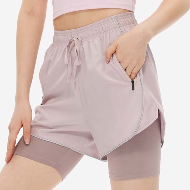 TaTaai Women High Waist Solid Sports Shorts Double Layer Anti-Exposure Stretch Elastic Waist Drawstring Zipper Pocket Quick Dry Yoga Running Shorts Gift