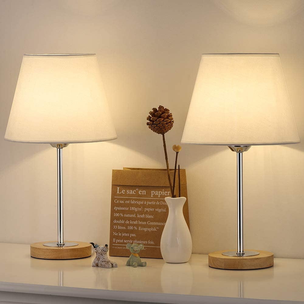 Small Table Lamps Set for Bedroom, Wood Desk Lamp with White Fabric