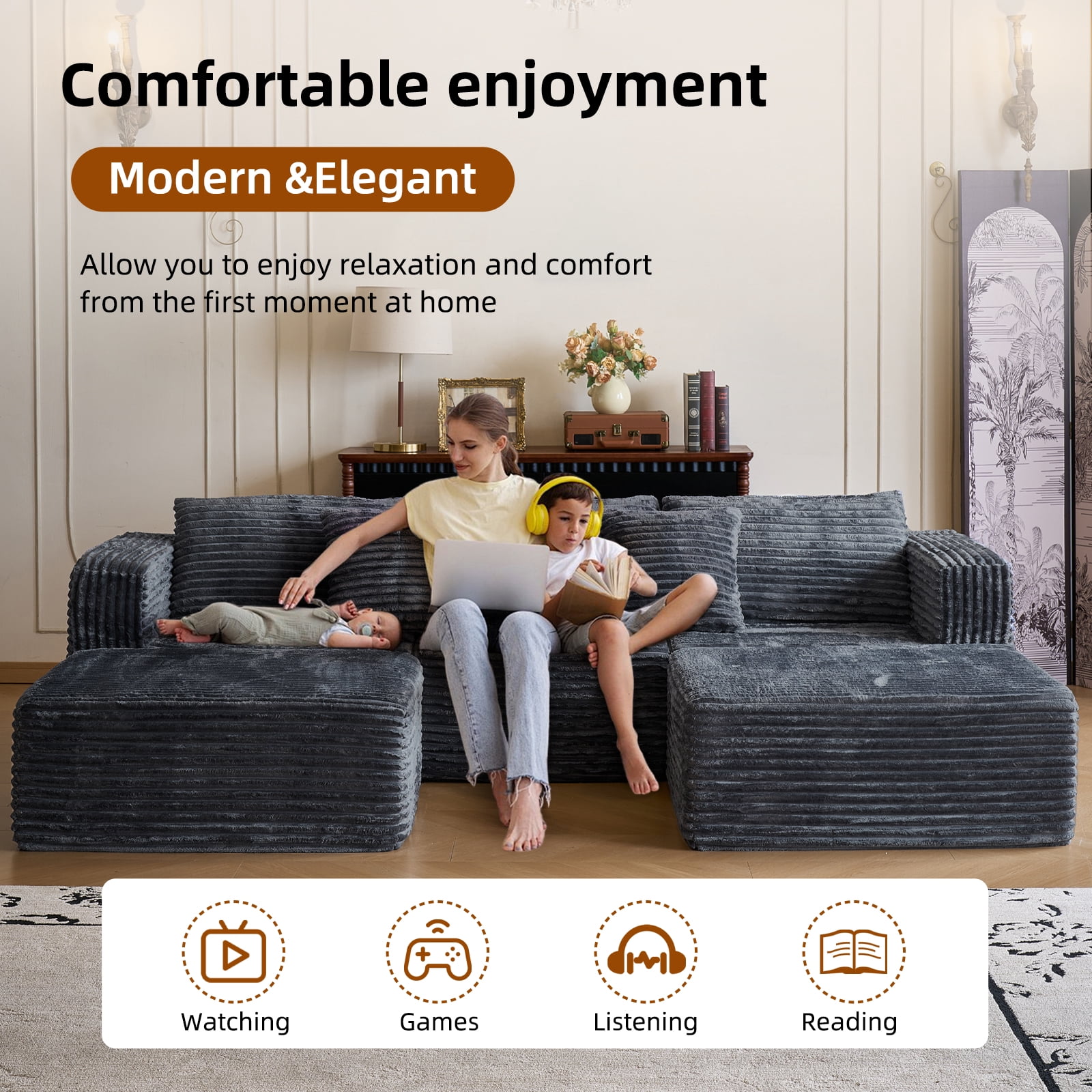Garaneeds Modular Sectional Sofa for Living Room, 110" Boneless U-Shaped Couch, 5-Seat, Gray