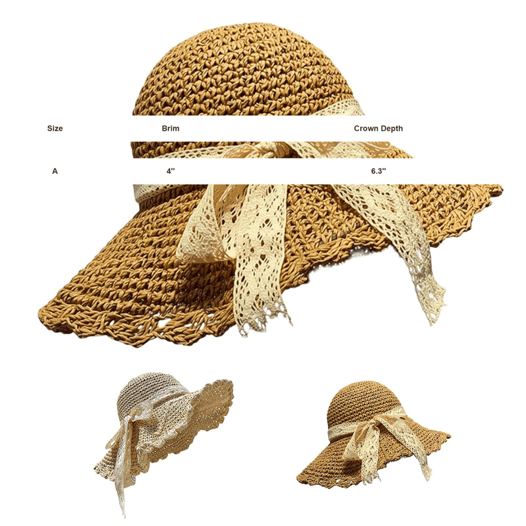 Vinsonshop Womens Straw Sun Hat with Lace Ribbon Tie Packable
