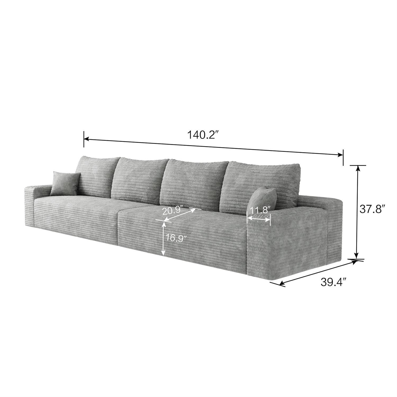 Demi Bonn 140" Cloud Sectional Sofa, Modern Modular Deep Seat Upholstered Couch for Living Room & Bedroom, No Assembly Needed, Gray