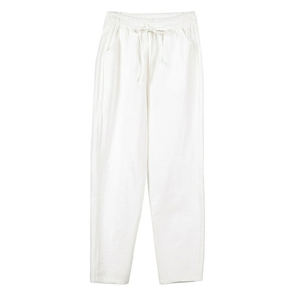 Pantalones palazzo de algodón y lino de cintura alta para mujer: pierna ancha, corte holgado, bolsillos, transpirables para verano/playa