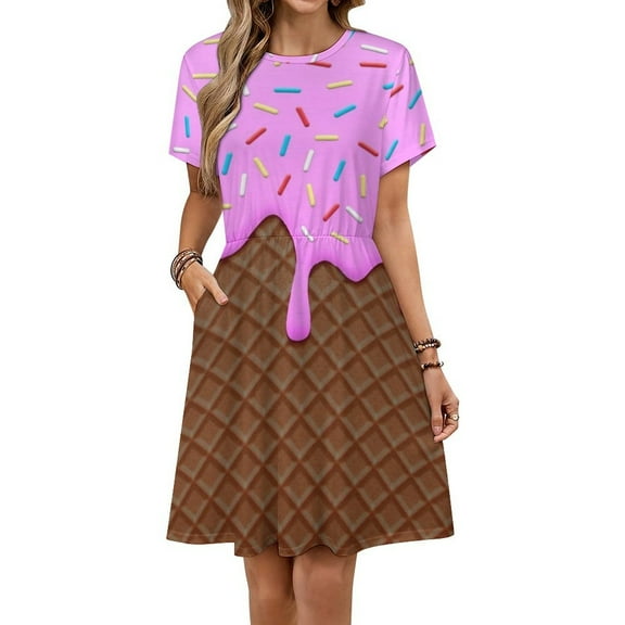 Chocolate And Strawberry Icecream Dress Fashion Beach Short Sleeve Dresses Female Party Printed Sundress