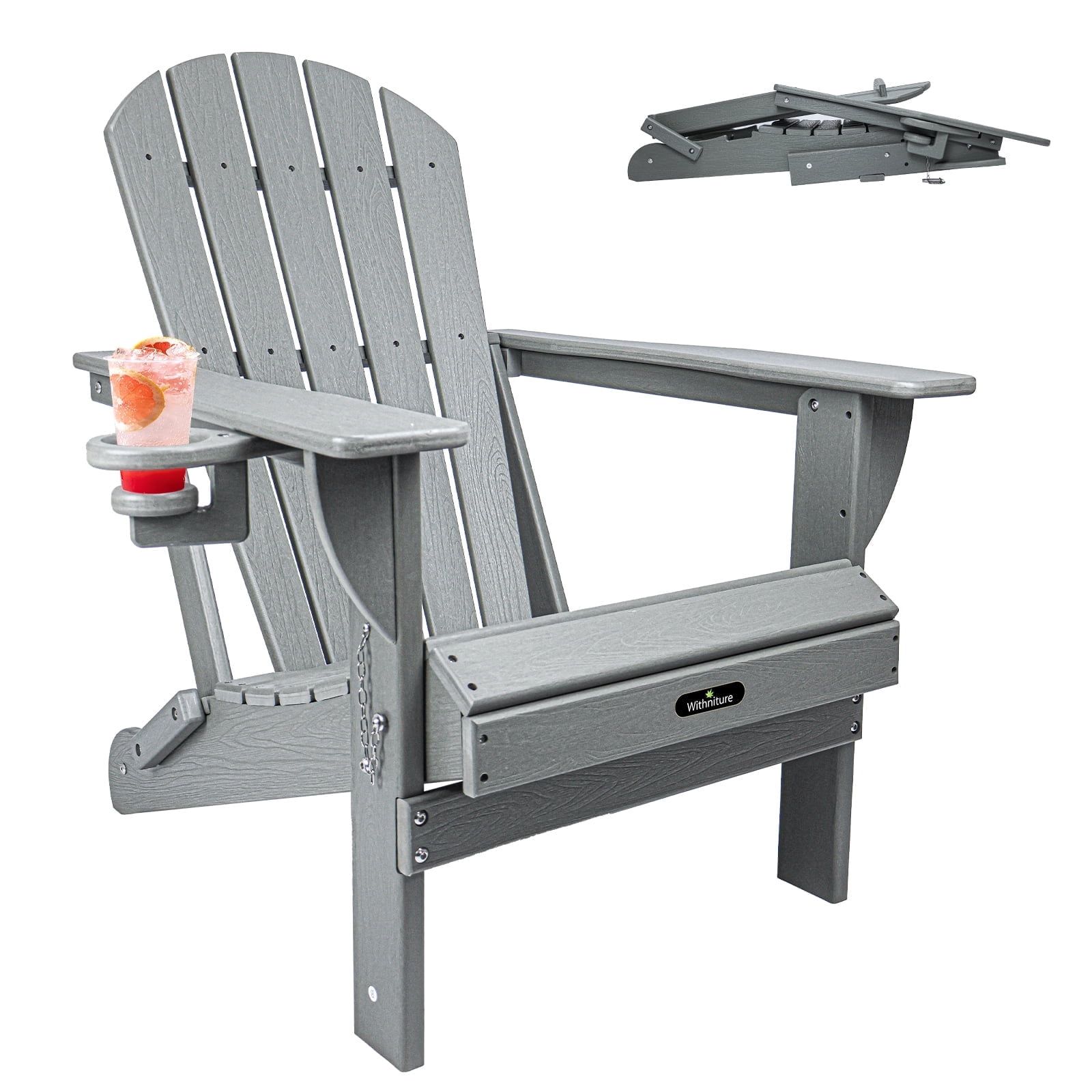 Withniture Folding Adirondack Chair, All-Weather HDPE Patio Chair with Cup Holder, Fire Pit Chair for Patio Lawn Garden Backyard Deck,Grey