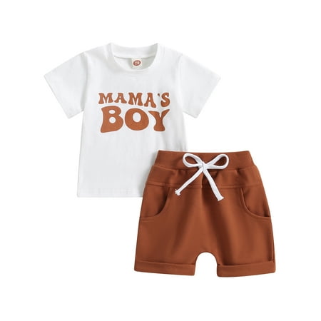 

Musuos Mamas Boy Print T shirt Tops Casual Drawstring Rolled Elastic Waist Shorts