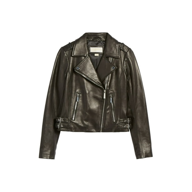Michael Kors Women Black Moto Jacket - Genuine Leather Jackets for Women -  Black Zip Up Jacket - Full Zipper Closure Ladies Moto Jacket with 2 Sides  Zip Pockets 
