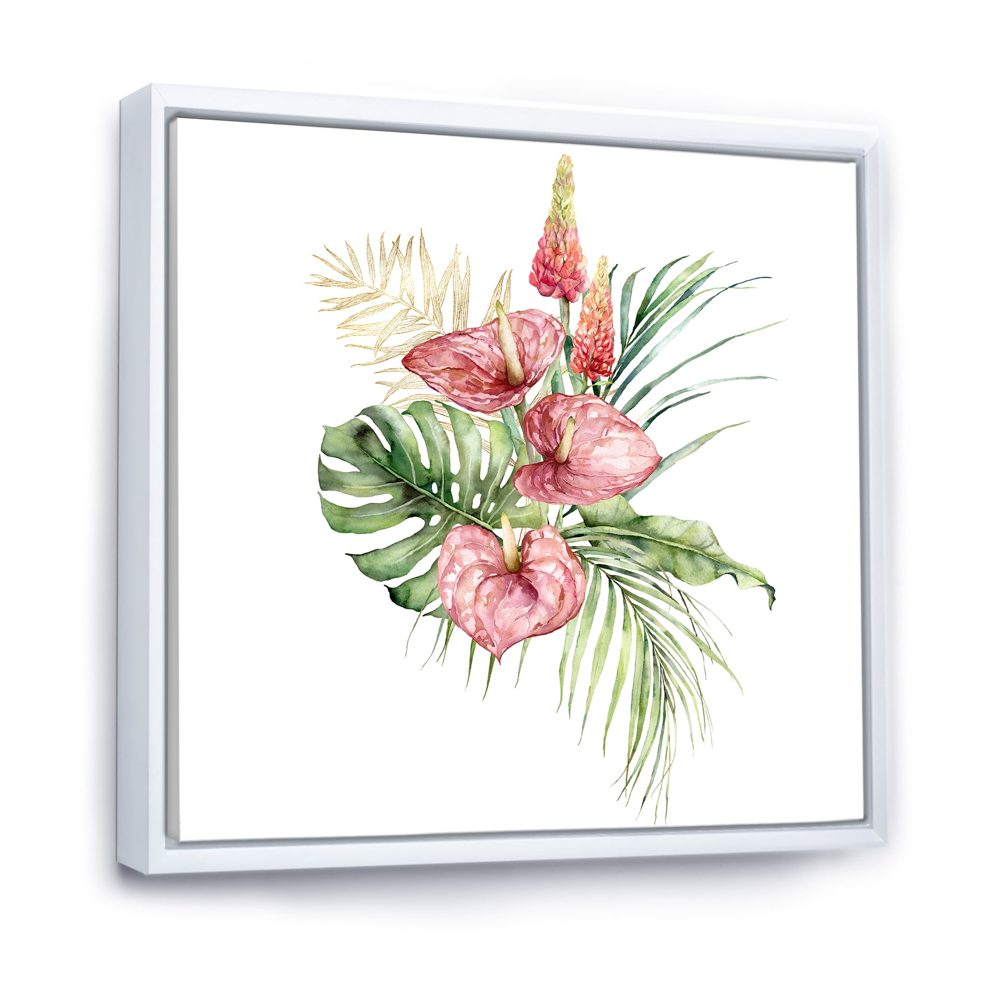 Designart 'Tropical Bouquet With Anthurium Lupine and Leaves On White I' Traditional Framed Canvas Wall Art Print