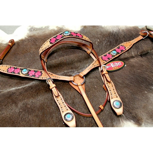Horse Show Bridle Western Leather Headstall Breast Collar Pink 76171B