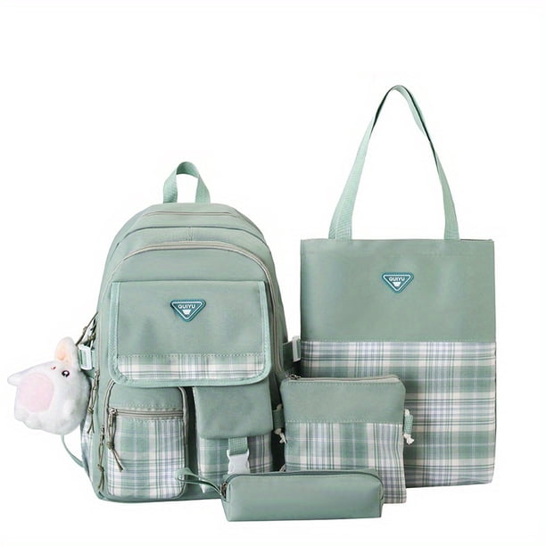 Conjunto De Mochila Con Patrón A Cuadros De 4 Piezas, Mochila Escolar De Estilo Preppy Con Bolso De Mano Y Bandolera Y Estuche Para Lápices