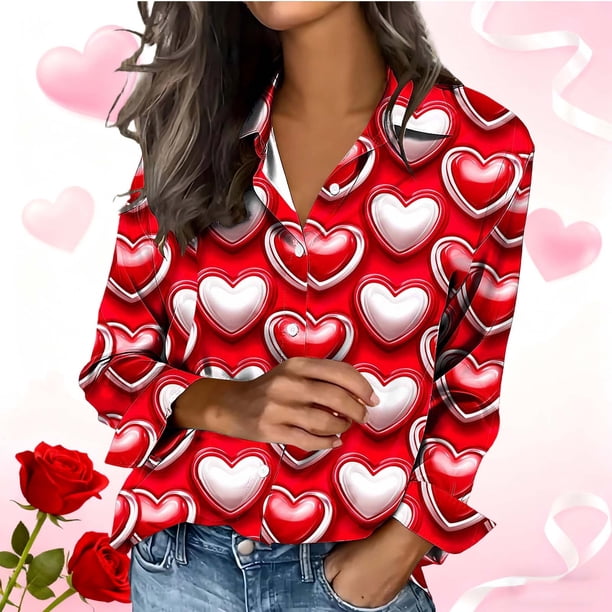 TaTaai Womens Silky Satin Shirt Long Sleeve Valentines Print Button Down Lapel Collar Blouse Loose Fit Spring Romantic Top Gift