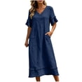 thumbnail image 5 of Ayolanni Short Sleeve Dresses for Women 2026 V Neck Solid A-Line Maxi Dress Daily Cotton Linen Flowy Lightweight Long Dress with Ruffle Sleeve Blue M, 5 of 9
