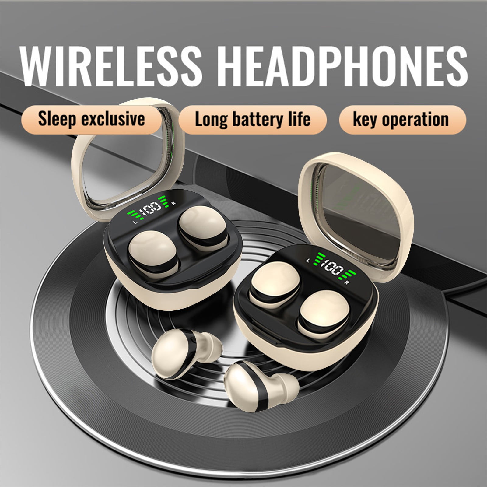 Bluetooth Headphones True Wireless Earbuds 60H Playback LED Power Display Earphones with Wireless Charging Case IPX5 Waterproof in-Ear Earbuds with Mic for Smart Phone Laptop TV Computer Sports,Beige