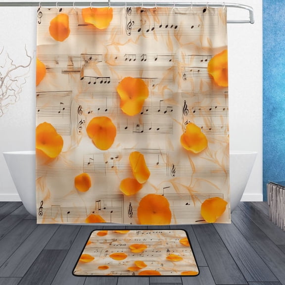 Bath Curtain & Non-Slip Bath Mat Set 12-Grommet Shower Curtain Memory Foam Bath Rug Sheet Of Music Orange Petals